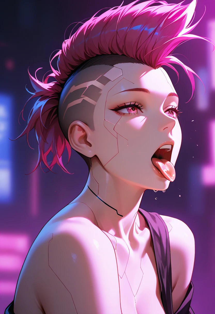 Female Boxers、Pink hair、Cornrow Hair、sexy lip、Fancy makeup、Sportsbra、((Close both eyes))、Image from chest to top、White Boxing Gloves、Turn your face diagonally down、Sweat and saliva all over the body、Splattering sweat、Face distorted by pain、