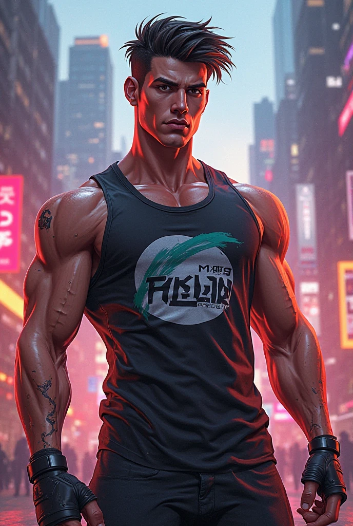 Digital artwork featuring a muscular male character with a glowing crimson head, spiky white hair, and piercing luminous red eyes in a highly detailed, anime-inspired, hyper-realistic style. The character is depicted in a side profile, showcasing a meticulously rendered, anatomically correct physique with prominent abs and chest muscles. He wears a torn, long-sleeved black shirt that exposes his upper body, with textured, sweat-glistened skin, and a pair of black pants with a white drawstring. The dark background features a gradient effect and small, glowing blue and white particles scattered around, adding a dynamic feel to the 4K, high-resolution image. On the left side, a stylized logo resembling an eye is emblazoned above the text 'Artvision1999' in a graffiti-like font, adding a burst of vibrancy to the overall design.