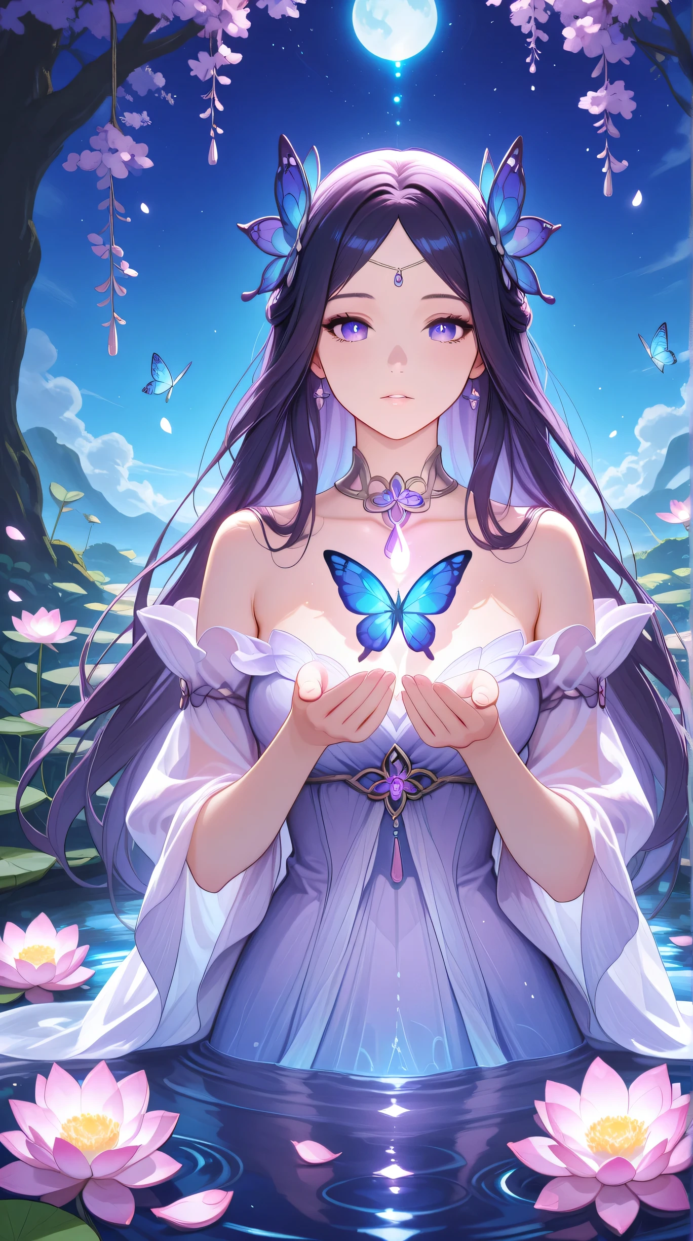 Masterpiece, Best Quality, Top Quality, Very Detailed, 1 girl, A mesmerizing anime-style woman with deep blue-violet eyes and long, dark hair with purple highlights, gently floating in a magical pond filled with blooming lotus flowers. She wears a delicate off-shoulder garment that drapes elegantly as the water shimmers around her. Ethereal blue butterflies flutter nearby, glowing softly in the enchanting moonlight. The water reflects a dreamlike atmosphere with gentle ripples and floating petals, creating a sense of serenity and mystery. Soft lighting enhances the ethereal beauty of the scene, capturing a peaceful yet mystical moment in high-resolution, ultra-detailed art.