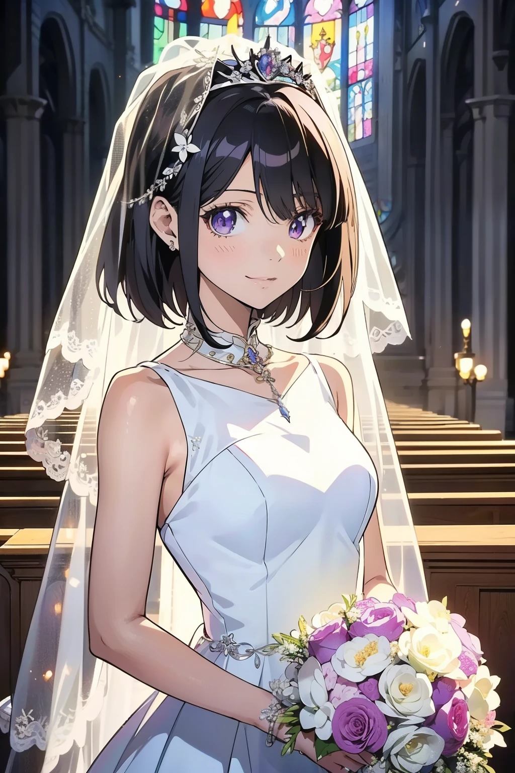 （masterpiece），（Best Quality），（very detailed），（Awareness-raising），（Ultra High Definition）, black hair with a young pattern,  anime adult woman in white wedding dress,  anime style, 2D rendering of an anime adult woman, Realistic young anime adult woman,   smooth anime CG art, tiara, smile, purple eyes, small breasts, is tall,   straight hair  ,   short bob cut  ,   Slanted Eyes  ,   background is church  , wedding veil, bouquet,