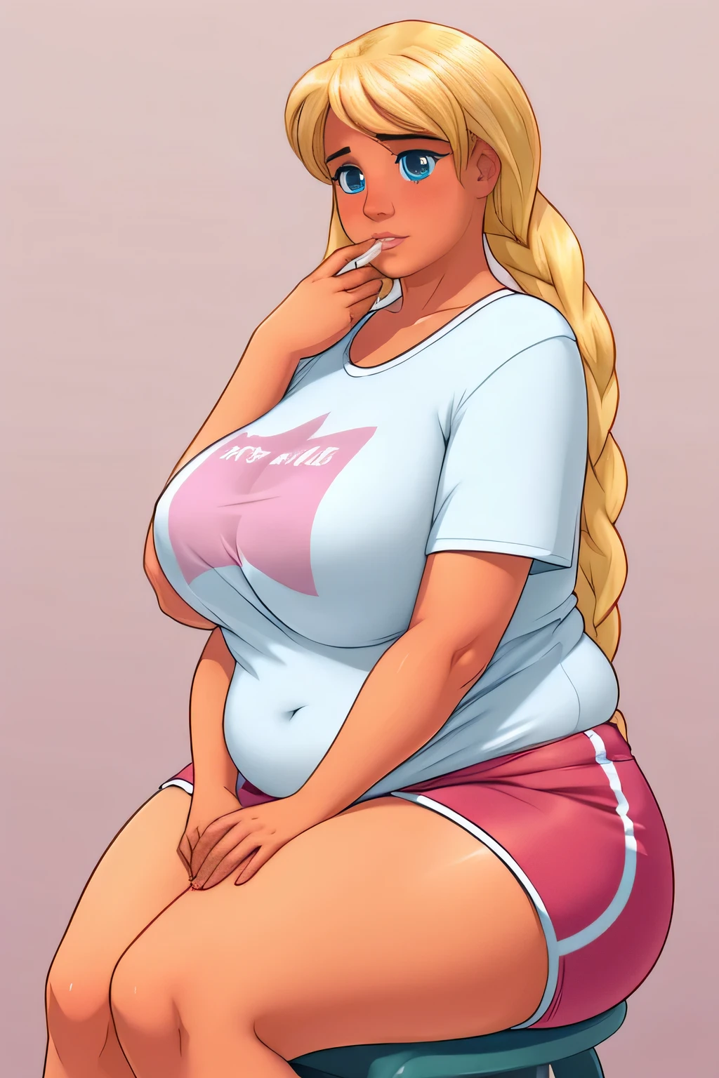((masterpiece)), ((realistic art)), ((anime)), ((perfect quality)), (very chubby), (night), ((best quality)), ((solo)), ((girl)), sl, blonde hair, (full body art), (arms on belly), (holding belly), face : [very beautiful face, realistic, detailed, (perfect face)], pose : [(shy pose), sitting in cafe, (eating eclair), ((liking finger)), (sitting on chair)], emotions : [ (ashamed), (blushed), red cheeks ], (large breasts), figure : [ (very full body), (huge breasts), (very fat), (very thick), (very chubby), (overweight), (very sexy), (sexy curves), (very curvy), (very plump), (large breasts), (wide waist), (belly bulge), (very chubby belly), (fat rolls), (belly rolls), (very chubby belly bottom), (big deep navel), (very fat ass), (very fat thighs), (thunder thighs) ], (too fat for her clothes), (t-shirt straining against her belly), clothes : [(tight pink shorts), (tight white t-shirt), (t-shirt can't cover her belly)]