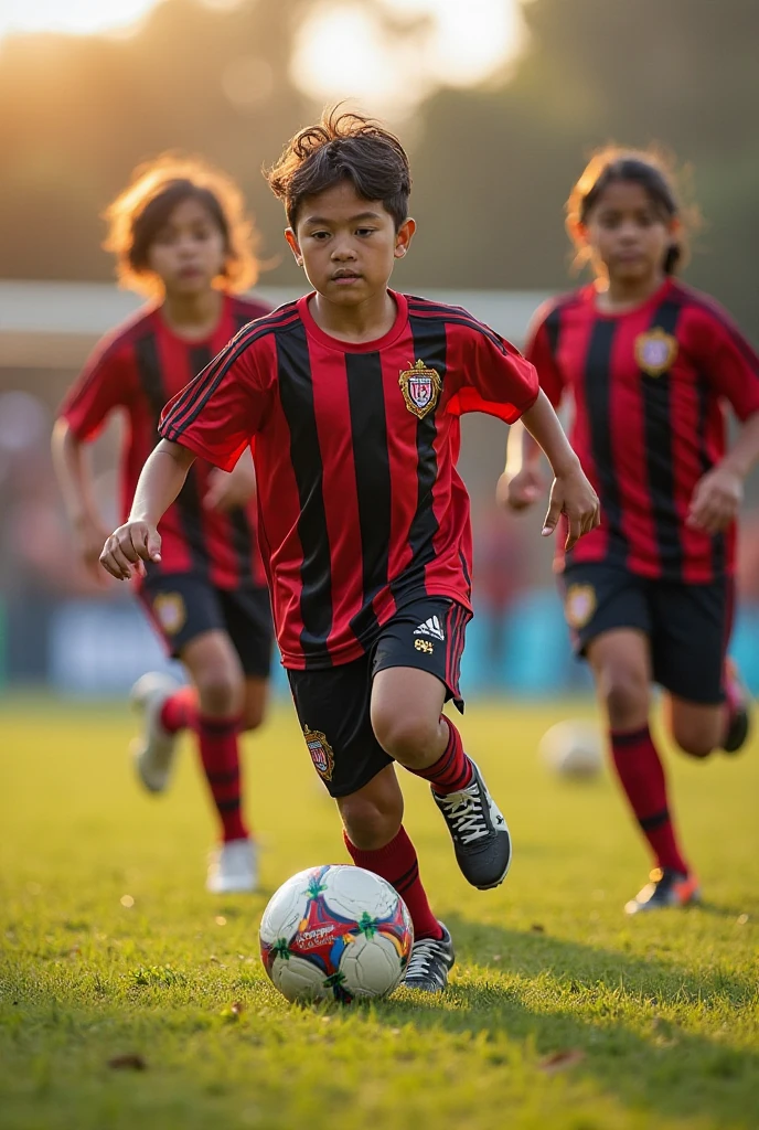 A lively soccer match on a sunny day, professional players competing passionately, kicking the ball with precision and agility, intense tackles and skillful dribbles, a cheering crowd in the background, dynamic movement and energetic expressions on players' faces, vibrant green grass field, vivid colors depicting the excitement, HDR lighting enhancing the vividness, ultra-detailed depiction of players' jerseys and equipment, realistic rendering of the stadium, sharp focus on the action, bokeh effect highlighting the players, portraits of key players capturing their determination and passion, the unique atmosphere of the game, capturing the beauty and intensity of the sport, with a touch of photo-realism.