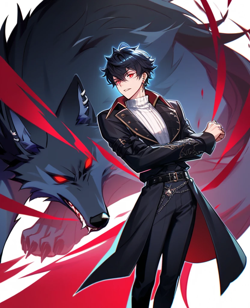 Muscular man, alone, White Windbreaker, White trousers, Gray Hair, Black Hair, Japanese-looking man, Dragon Horn, Purple military boots, Wicked Smile, Dark brown eyes, Fantastic landscape, Walking in the flames of darkness.