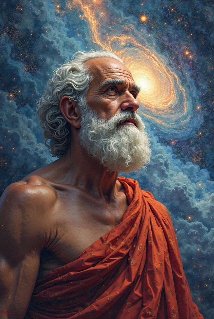 "Image of Seneca as a Roman sage, with about 55 years old , bald on the sides with gray hair and beard, attentive eyes and deep. He is sitting in front of a window with the background of a brightly colored galaxy