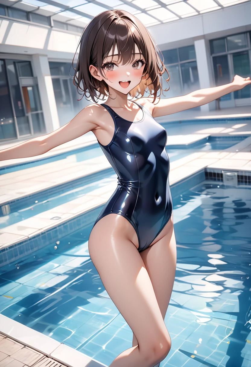 camel toe:1.4, ((flat chest:1.3)), (Erect nipples:1.3), Sweat, (((long gloves:1.3))), brown loafers, black calf length socks, Open your thighs wide to the left and right, squat on the ground, show off your crotch to the viewer, ((Latex high-necked competitive use Swimsuit:1.3)), sit, spread your legs:1.3, (((arm behind head))), , absurdists, brown bob hair, flat lighting, elevation angle, sexy pose, highest quality, Complex, surreal, perspective, very detailed, detailed background, shape, 1 girl, alone, small breasts, ライト smile, embarrassing, blush, (((Pool side))), (Sweat),
