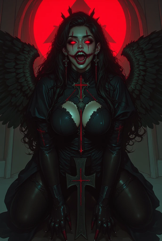 bs, solo, simple background, upper body, monochrome, greyscale, bodysuit, black background, 1other, monster, arms at sides, horror (theme) there is a large-breasted woman in the picture with her arms torn off and her face bleeding, ravens flying in the background, stocking, hot lingerie, big boobies, red paint splatted on it, hot body