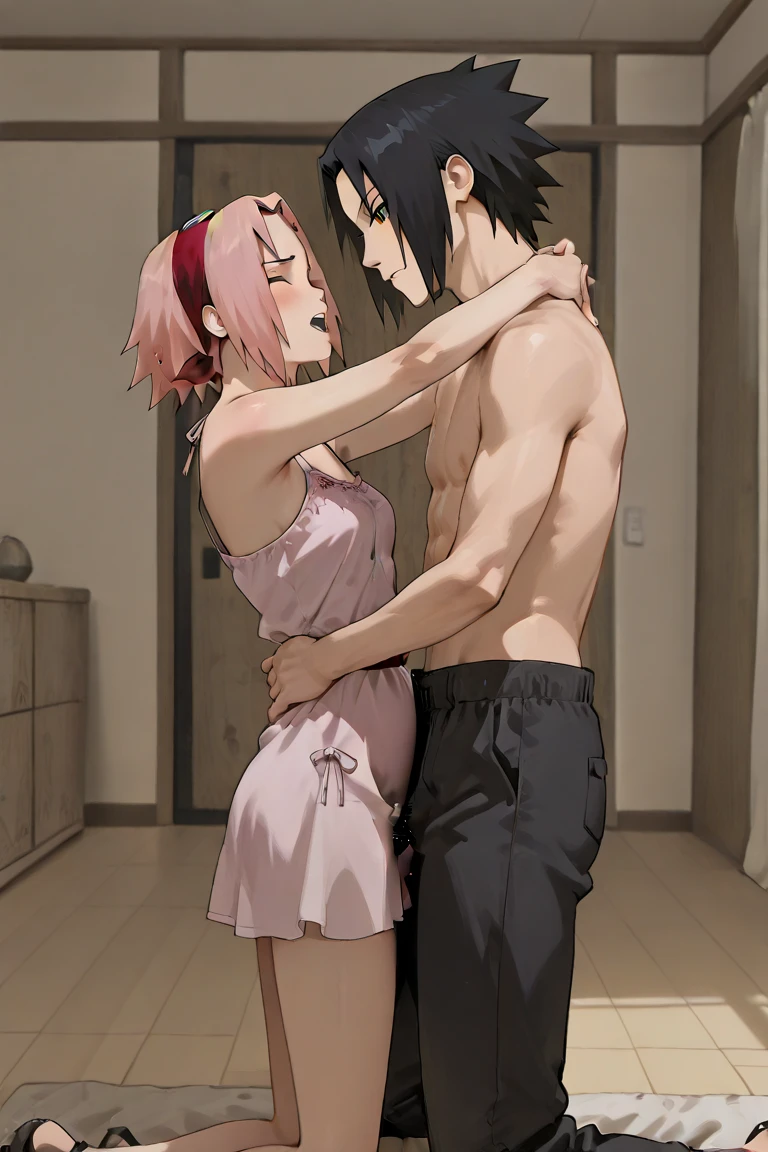 Anime cute small kid hugging his mother in the kitchen, the mother wearing a bikini top and long skirt, the cute ??? wearing a sweater