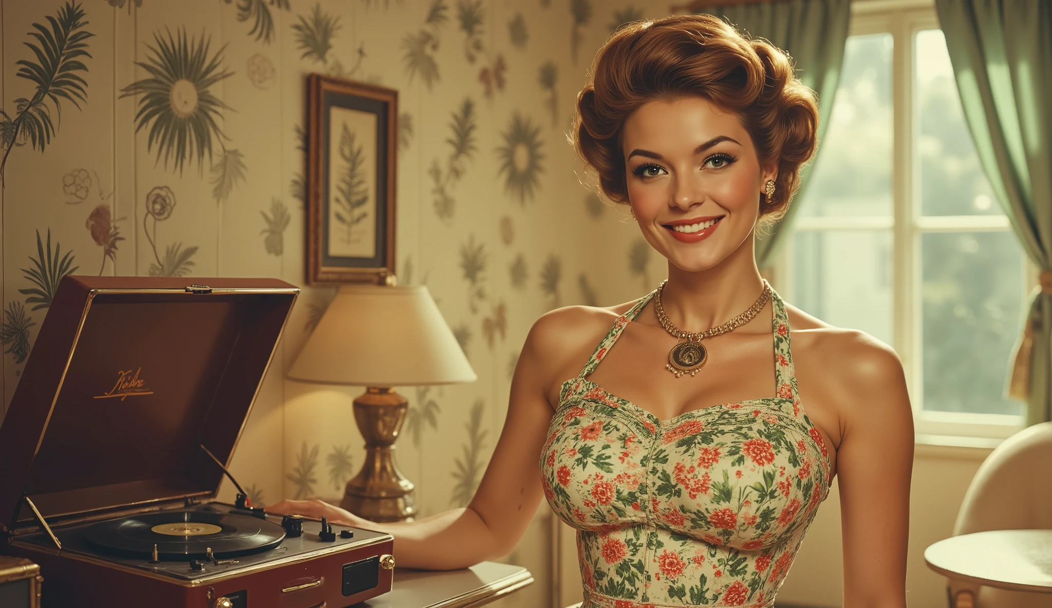 Smiling Brazilian woman in floral 1960s dress posing beside a vintage record player, palm print wallpaper behind her, soft golden sunlight, tropical retro setting, nostalgic and cinematic bossa nova mood