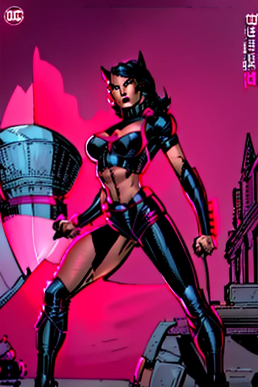 Red skin succubus tiefling, medium breasts, black horns, wings, huge tail, black leather, tall, toned, graceful, thin, long black ponytail. Action scene, shotgun.