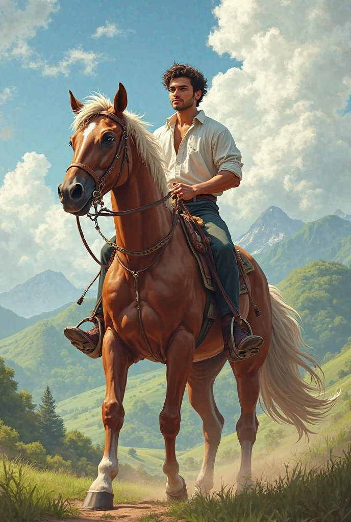 oil painting, wide shot a young italian boy, muscled_toned_perfect_body, man, looking at the camera ridding a black horse on the bridge smiling exteding his hand "come with me" hansome, modern hair cut, oval face, wearing glasses to see, thin lips, square chin, he is smiling, in the distance a style realism+neoclassical, intricate details, leading lines composition, intense cold solid colors, plantation_house_ in_louisiana+river+bridge+pathway+forest, flanked bwillow trees