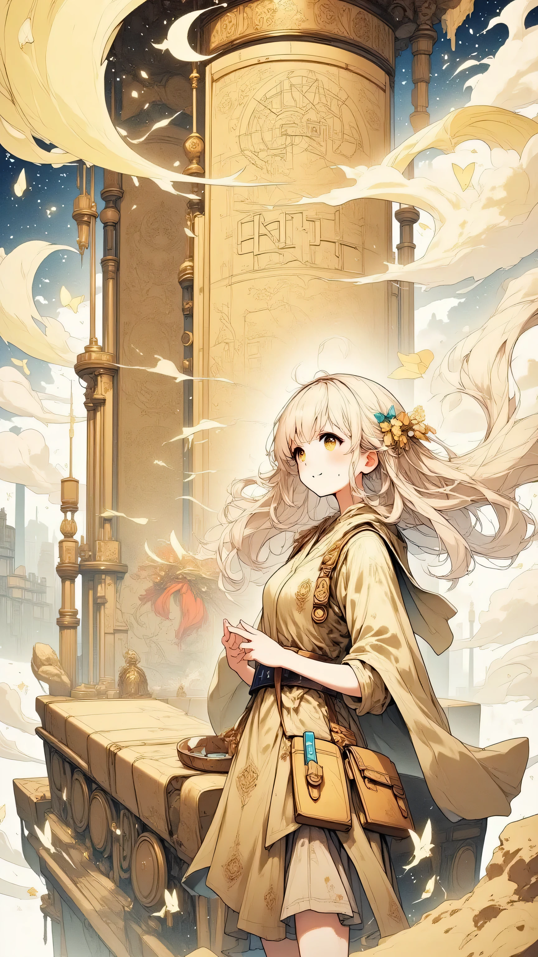(masterpiece), ultra-detailed, 16k, endless desert, giant half-buried library made of sandstone, ancient glyphs glowing faintly, storm of golden dust, wind-blown cloak, mysterious girl reading ancient scroll, floating letters, leather satchel, swirling butterflies of light
