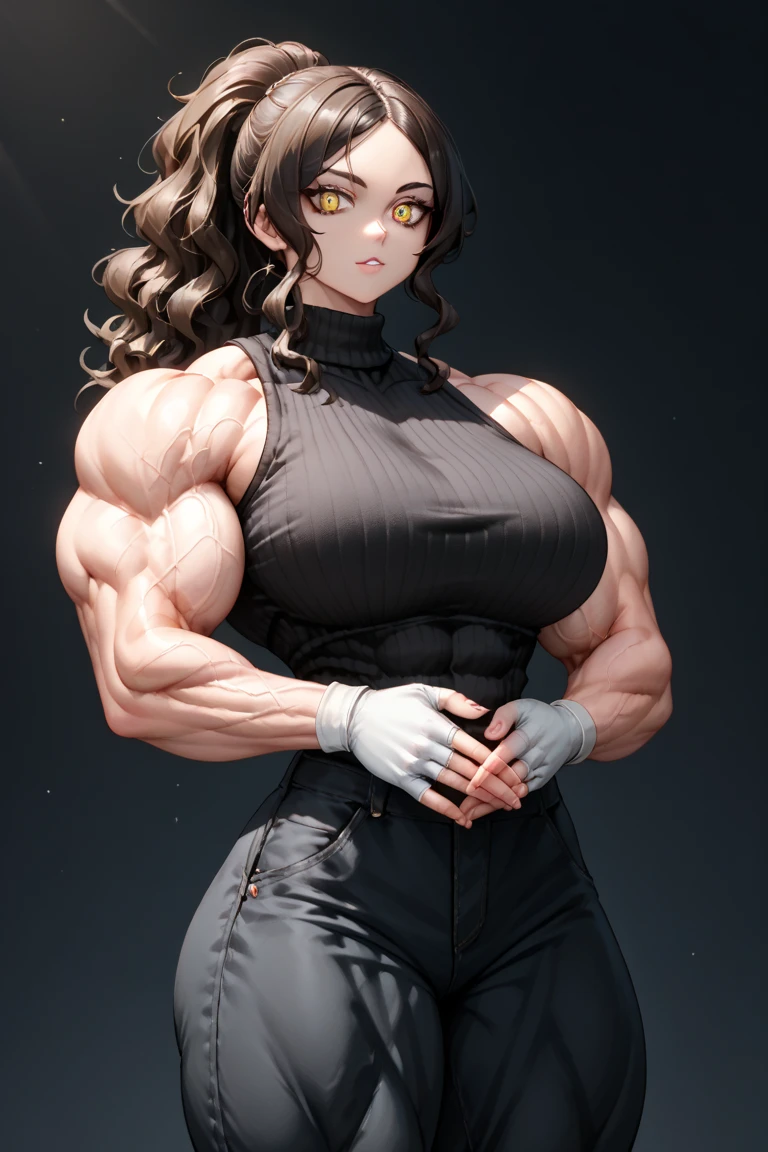 muscle woman with brunette hair, woman with huge muscles, mature woman, stern expression, green eyes