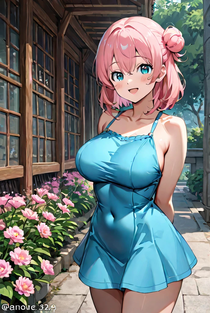 beautiful girl, disheveled bob hairstyle, light blue hair, birch eyes, pleasant smile, pink dress, tight pink dress, bare thighs, bare legs, medium breasts naked boobs, naked girl, sex