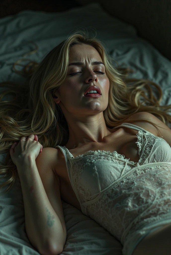 SexWife blonde on knee, (((from above))), crying, wedding dress, brunette, (((looking at viewer))), runied makeup, fit, atlethic body,