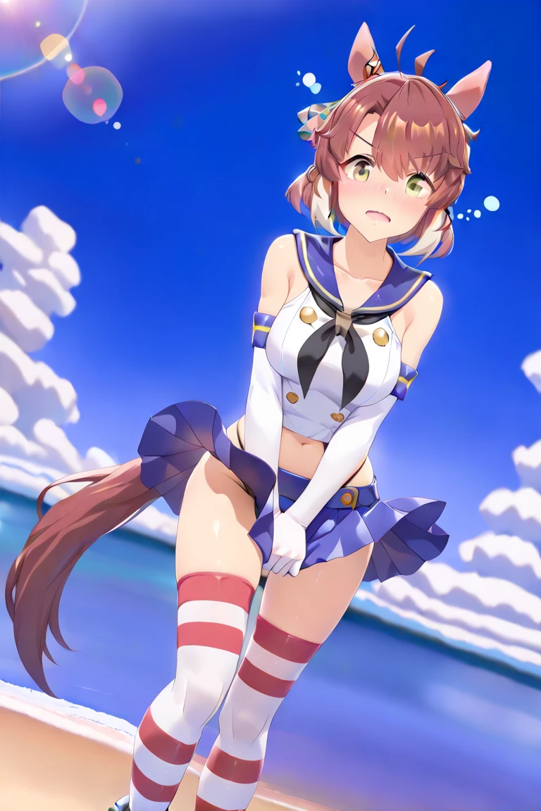 ((4k)),2d cel anime, {{takamachi nanoha, magical girl lyrical nanoha StrikerS}}, very aesthetic, best quality,Sitting on the floor,Parks with good weather,(Spread your legs:1.5),Striped panties