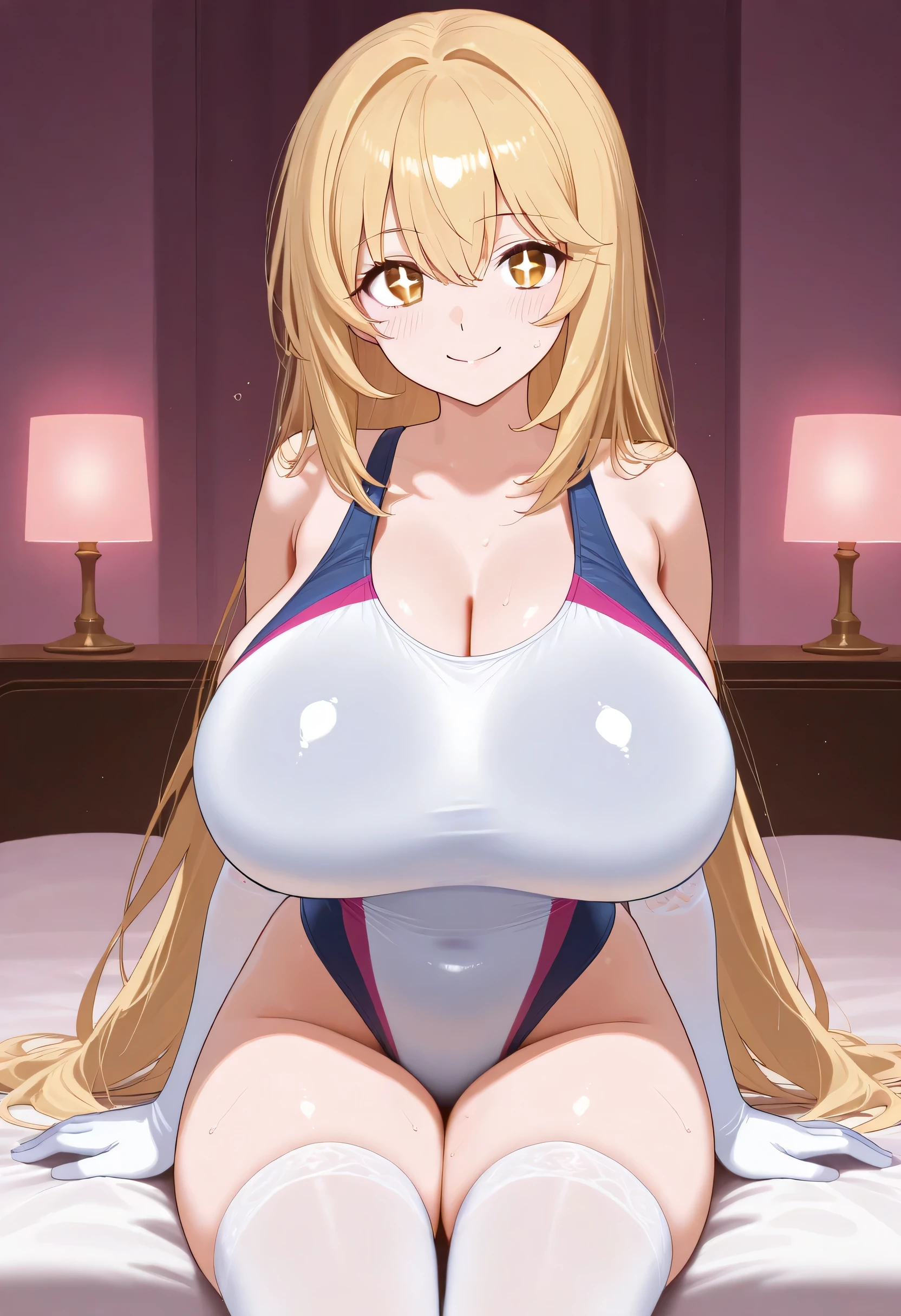 1girl, solo, looking at_in_viewer, white_gloves, elbow_gloves, white_thigh high socks,competitive swimsuit, competition swimsuit, smile, +_+, popup, too big chewy , hyper breasts, brown with swe_eye, very_length_hair, closed _mouth, hair_between_eye, bedroom at night, sitting, Shine_eye, Young face, anime style