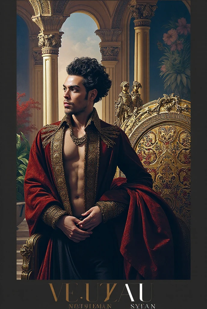 a surreal courtly photography, ultra-detailed, panoramic composition of subject and complete surrounding environment, handsome manly young topless christian hogue sitting on a throne, wears rich silks shorts and decorations, a crown on his head, Gold snake pattern tattoo , inspired by Cornelis Engebrechtsz, inspired by Nikolay Nikanorovich Dubovskoy, inspired by John Nelson Battenberg, inspired by Konstantin Westchilov, maximalist art nouveau, modern art nouveau, Artem Demura. Alphonse Mucha. Homem com asas de anjos