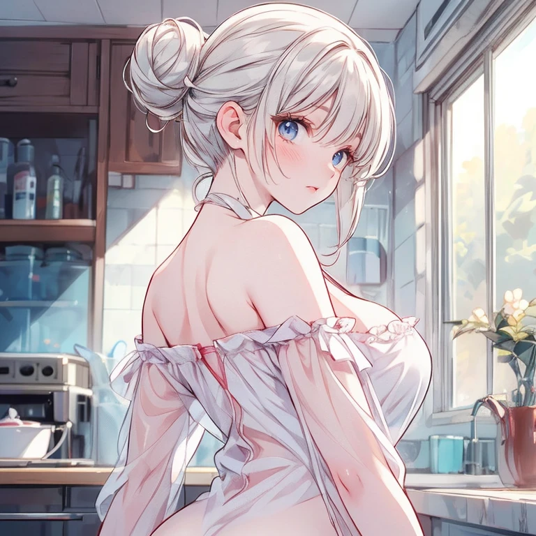 1 girl with giant breasts and big ass, 1 meter 70 centimeters tall, wearing a white bra without underwear in a kitchen looking at the viewer with a smile, yellow eyes and brown skin and white hair holding her bra
