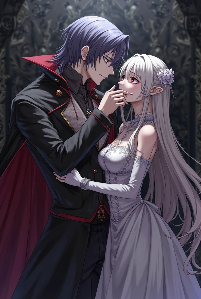 ((Highest quality)), ((masterpiece)), (detailed), (Perfect Face)、The woman is Princess Leona, a beautiful vampire and Countess of Dracula, with medium-long light brown hair, a gorgeously jeweled black wedding dress, a gorgeous black wedding veil, and a gorgeous bridal outfit with gorgeous jeweled accessories.、A woman is married to the majestic vampire Count Dracula, with an embrace and a kiss of vows.
