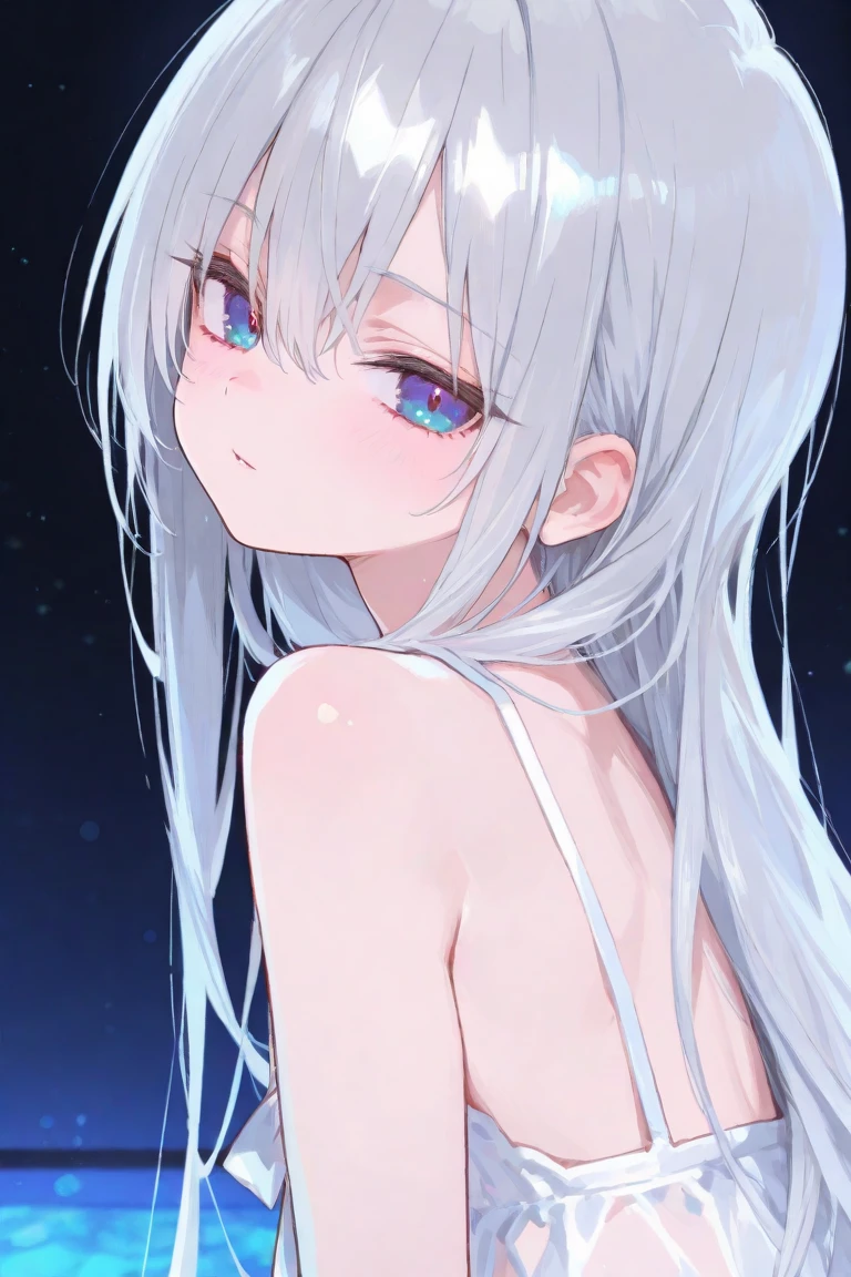 silver hair、blue eyes、Girls around 17 years old、naked、small breasts、long hair、straight face、I'm sleeping in bed、4k、