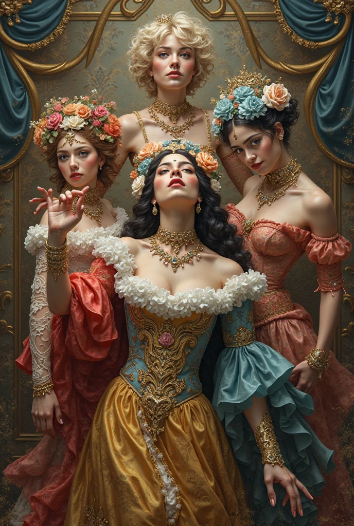 (masterpiece, absurdres, highly detailed:1.3), dreamscape, digital painting of an (art nouveau triplets), beautiful women, (multiple girls, 3girls, harem, sitting, mature, slim, slender,) looking at viewer, (masterpiece), (best quality:1.2), absurdres, intricate details, skindentation, cleavage, huge breasts, sagging breasts, hands behind back, streetwear, in bedroom, (highly detailed skin:1.2), (by alphonse mucha echo chernic megan lara frank cho), Sharp Focus, pastel Colourful, Centered, Symmetry, Painted, Intricate, Volumetric Lighting, Beautiful, Rich Deep Colors, ultra Detailed, digital painting, mysterious magic, focused, lush colors, Canon Eos 5d Mark IV and Fujifilm Superia X-TRA 400 film, <lora:more_details:1>,, (Extremely Detailed Oil Painting:1.2), glow effects, godrays, Hand drawn, render, 8k, octane render, cinema 4d, blender, dark, atmospheric 4k ultra detailed, cinematic sensual, Sharp focus, humorous illustration, big depth of field, Masterpiece, colors, 3d octane render, 4k, concept art, trending on artstation, hyperrealistic, Vivid colors, extremely detailed CG unity 8k wallpaper, trending on ArtStation, trending on CGSociety, Intricate, High Detail, dramatic