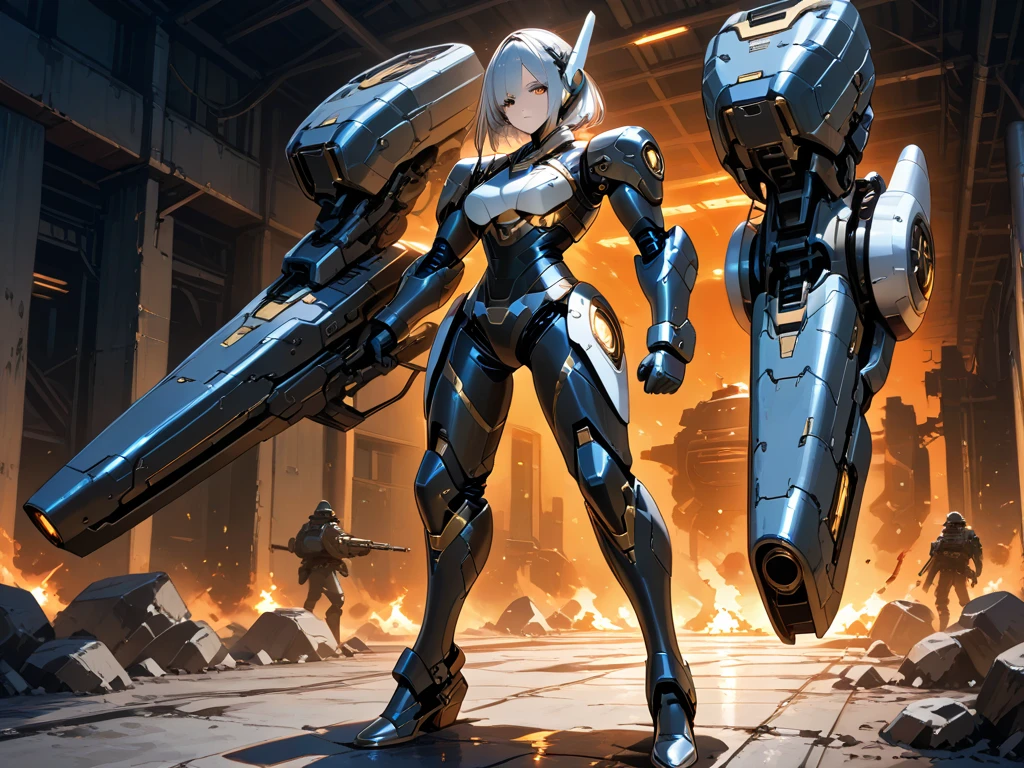 Super Detail, High Detail, high quality, best quality, High resolution,a robot,Mechanical Policewoman,Overall color scheme is silver grey,Mechanized legs,Slightly plump hips,The upper body is in proportion to the body and the breasts are huge,Head is completely covered by a black mask, facial features are invisible,One armed weapon cannon on each hand,Beside the machine guns are various tools