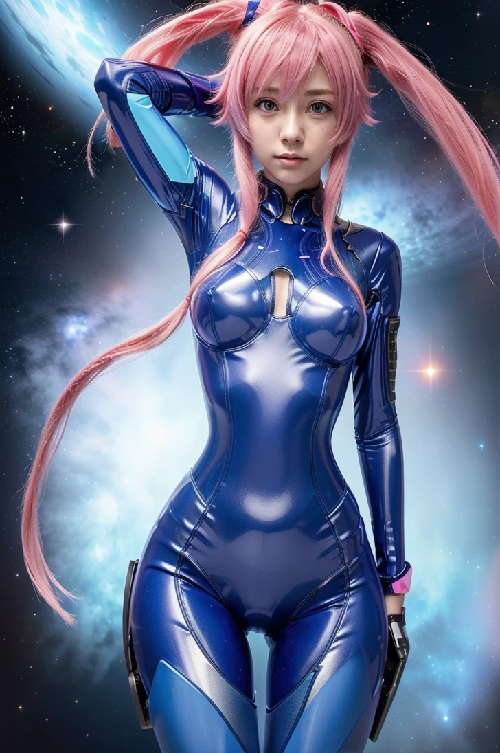 light smile, zero suit, inside a spaceship, blue eyes, waistshot