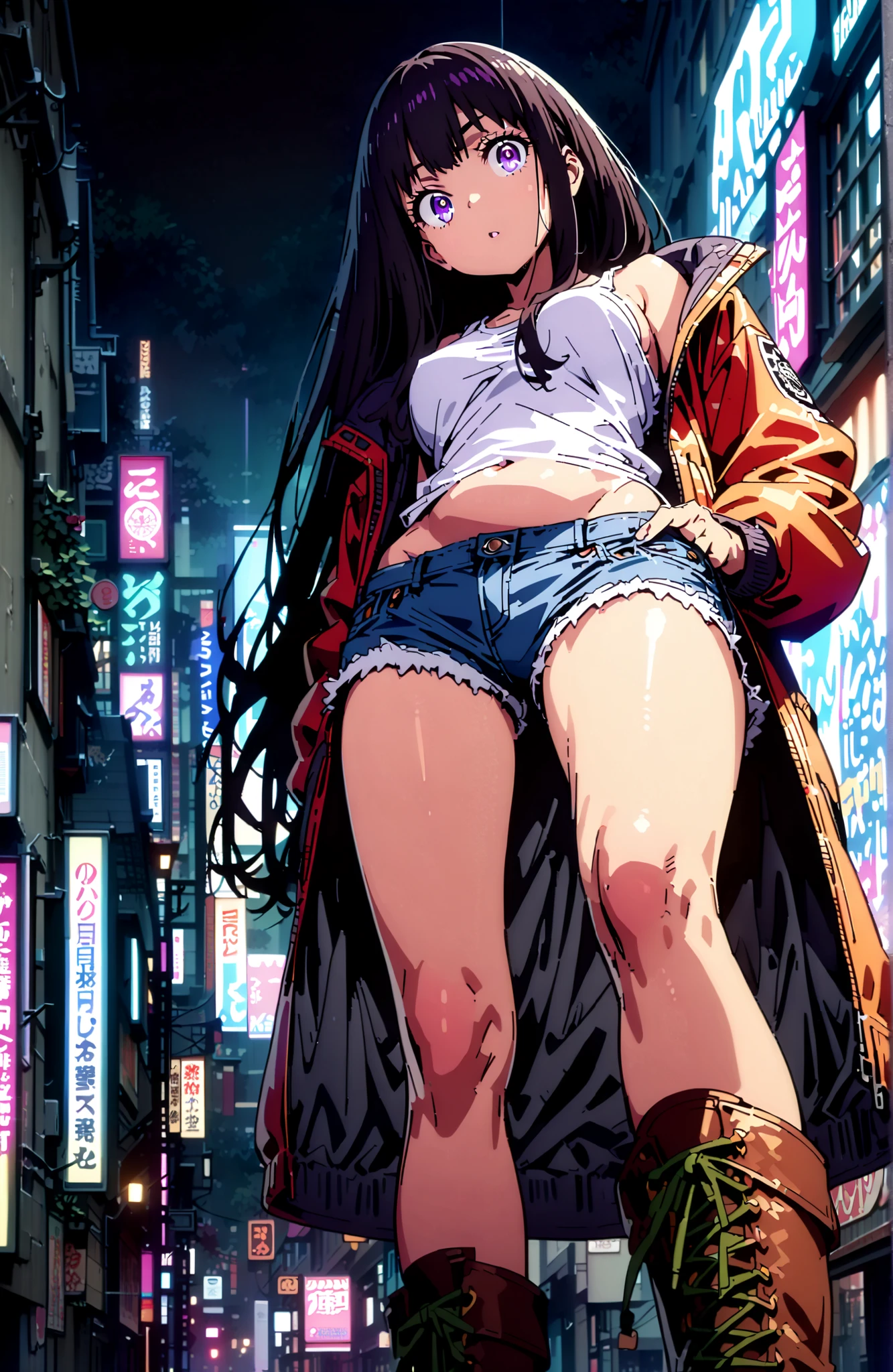 Takiuchikami, check it out, solo,long hair, bungs, black hair with a young pattern, purple eyes,Medium breast,close your mouth,riders jacket jacket,tank top for feet,Underboob,belly button stick,denim micro shorts,Bare legs,boots,I have my hands in my jacket pockets,Nōn,night,standing,angles from below,full bodyがillustrationsに入るように,break outdoors,City,
break looking at viewer,full body,
break (masterpiece:1.2), Best Quality, high resolution, Unity 8k 壁紙, (illustrations:0.8), (beautiful detailed eyes:1.6), very detailed face, so that it fits into the illustration, Extremely Detailed CG, (perfect hand, perfect anatomy),