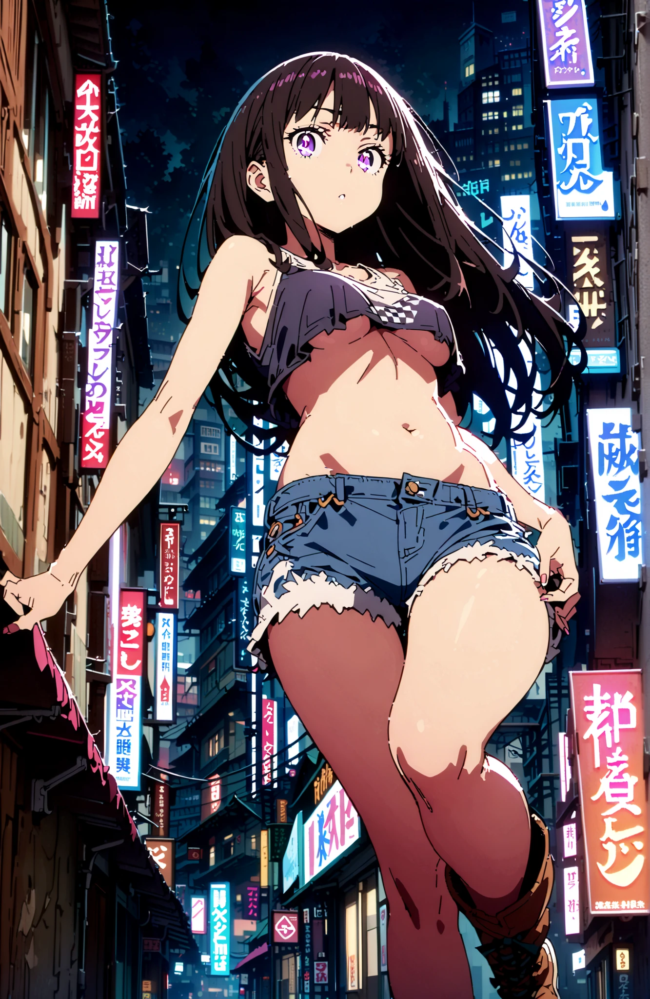 Takiuchikami, check it out, solo,long hair, bungs, black hair with a young pattern, purple eyes,Medium breast,close your mouth,riders jacket jacket,tank top for feet,Underboob,belly button stick,denim micro shorts,Bare legs,boots,I have my hands in my jacket pockets,Nōn,night,standing,angles from below,full bodyがillustrationsに入るように,break outdoors,City,
break looking at viewer,full body,
break (masterpiece:1.2), Best Quality, high resolution, Unity 8k 壁紙, (illustrations:0.8), (beautiful detailed eyes:1.6), very detailed face, so that it fits into the illustration, Extremely Detailed CG, (perfect hand, perfect anatomy),
