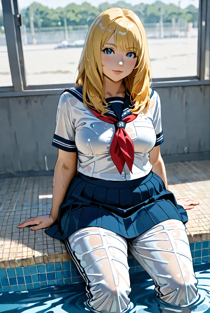 blue-black leather pants, silver zipper,belt below the waist,super fine illustration,(((beautiful fine hair))),(((beautiful fine face))),(((beautiful fine background))),normal small size,bangs bangs ,(((beautiful fine hair))),(((beautiful fine face))),(((beautiful fine background))),blond hair , showing forehead, silver center zipper, leather blue black bodysuit, sleevelesblue blacks, shiny, blonde ponytail、 indoor、Gaming Girl、so stupid, cross-eyed、 masterpiece, highest quality, hair clip, heart,hair over one eye、sit、b leaning forward、hair above one eye, asymmetrical bangs,Standing picture、loose socks、Hatsune Miku、gradient color hair、tie hair、colorful hair、cross-eyed、messy hair、blunt bang cut、pleated skirt、black shirt、striped hair、messy hair、Sloppy、cross-eyed、drunk、( fool / sexual ecstasy)、highest quality, realistic, Super delicate illustration, beautiful and charming anime girl, slender body, tied hair, one girl, girl pictures, full body shot, beautiful blue eyes,