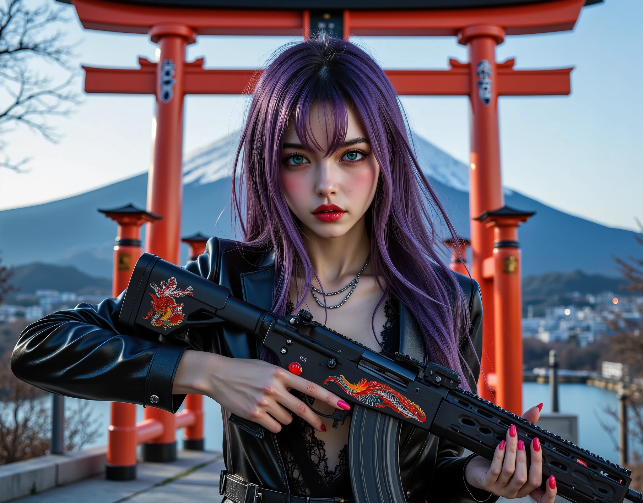  [Style: - "8k, masterpiece, realistic, Photorealistic realism, Hyper high resolution" - "highest quality, intricate ultra-detailed digital art"] (Key Directive: - "The priority is the anatomical accuracy and texture of the materials" - "Ultra-sharp human eyes with biological accuracy" - "(full body shot, firm and full breasts:1.4)") {Character: "beautiful girl hold with both hands, one machine gun [(M16A4 assault rifle, Stat Track) ((Pull the trigger with your index finger:1.2))" | "((Painted Japanese dragon))"] | Face: "full lips, red lipstick, intense gaze" | Eyes: - "((sharp focus, no blurry eyes, Hyper absurd quality, Hyper details, Hyper realistic black eyes))" - "((extra narrow eyebrows))" - "(Carefully draw Long blue_mascara:1.2)" - "(perfect round eyes)" | Hair: ["long hair, purple hair, curls at the ends of the hair, hair above one eye(((combed to one side)))"] | Pose: "dynamic side position" Outfit: [Top: "{{modest office suit}} (red-black leather ((shiny texture leather intricate detailed)))] [white lace undershirt:1.4"] [Bottom: "(pleated skirt)|Luxurious shiny, red latex:1.28]" - "(a bold, feminine, elaborately detailed: 0.7)"] Environment: "((Mt. Fuji tori))" Lighting: "studio lighting, monochromatic, striking contrast, dramatic shadows" (Rendering engine: "Unreal Engine 5 path tracing, 16K texture maps") | The ultra-Highres,Unreal 5,Subsurface scattering,PBR Texturing,Post-Processing,Anisotropic Filtering,depth of fields,Maximum Sharpness and Sharpness,multi-layered texture,Albedo and Specular maps,Surface Shading,Precise simulation of light-material interactions,perfectly proportions,Octane rendering , Two-tone illumination , Wide Aperture , low ISO , white balance , The rule of thirds