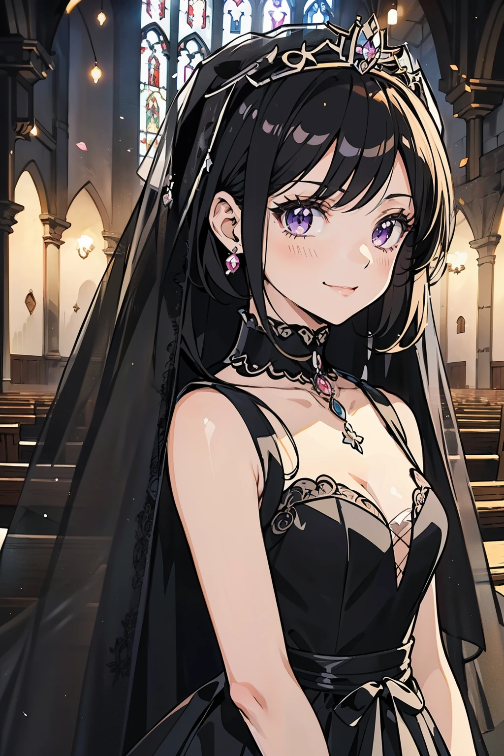 (masterpiece),(Best Quality),(very detailed),(Awareness-raising),(Ultra High Definition), black hair with a young pattern, (black wedding dress:1.4), anime style, 2D rendering of an anime adult woman, Realistic young anime adult woman, smooth anime CG art, tiara, smile, purple eyes, small breasts, is tall, straight hair , short bob cut , Slanted Eyes , background is church , (black wedding veil:1.4), magic wand on the hill, wizard woman,