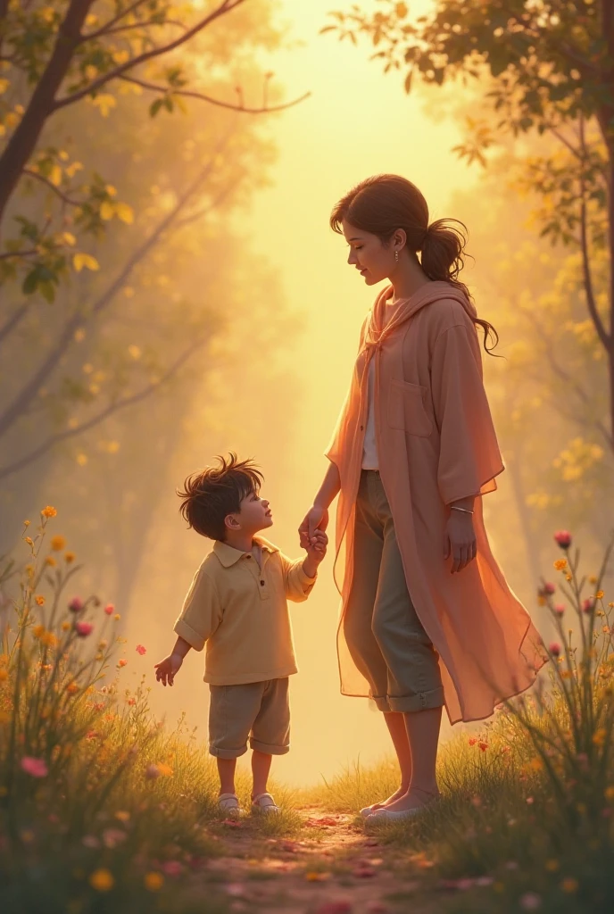A boy in forest with her mother 
Q. 