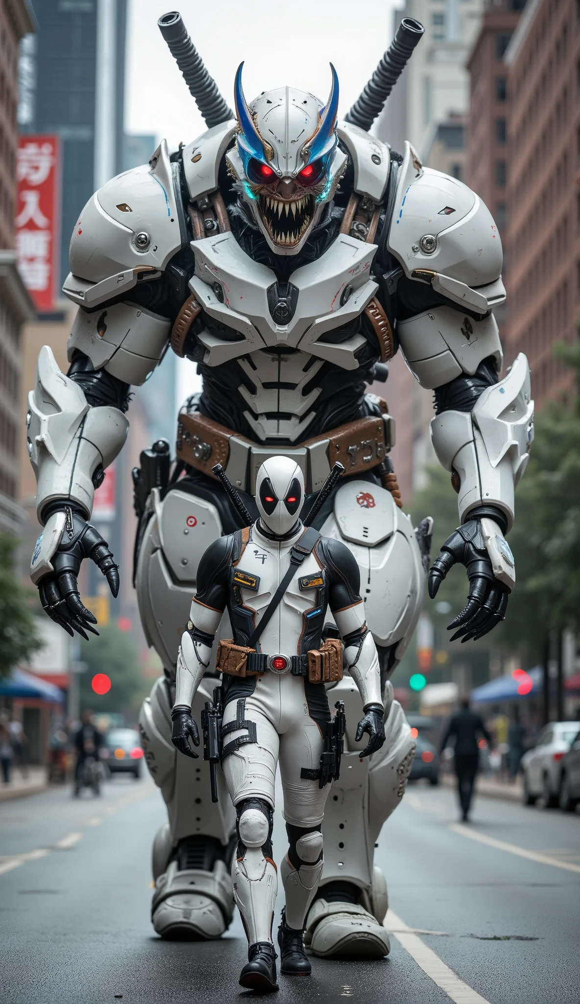 AI Prompt:

Deadpool wears a sleek white version of his classic suit, featuring black tactical straps, a silver belt buckle, and a minimal red Deadpool logo. The costume has realistic textures with subtle armor details and fabric stitching. He walks forward confidently, with a slight turn of his head, showing his classic smirk beneath the mask. Katanas are strapped to his back, and his pistol rests in a black holster on his thigh.

Behind him, a towering 10-foot monster bodyguard follows—a fusion of White Deadpool, a grotesque monster, and a futuristic robot. The creature is massive, thick-bodied, and powerfully muscular, with white armored plating mixed with organic muscle tissue and cybernetic components. Its mask is styled like Deadpool’s white version, with glowing red eyes and jagged mechanical jawlines. Pipes, cables, and neon white light lines run across its arms and chest. Its massive hands are clawed, and parts of its body pulse with energy.

The setting is a quiet, modern city street with tall buildings and concrete surroundings. Natural lighting highlights the textures on both characters, casting soft, realistic shadows. The image is rendered in ultra-realistic detail, using a medium full shot composition, focusing on Deadpool and his monstrous protector in a dramatic cinematic scene.

