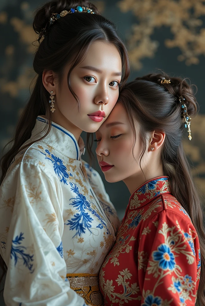 ((Realistic:1.5)),Ulzzang-6500:1.3,((Best quality)), ((Masterpiece)),((Detailed)),2girls,duo,railway station 1920's Shanghai,retro train background:1.4,{2 beautiful women}, (Upper body:1.3),(hair bun,Chinese retro hairpins:1.4),Hug and touch each other, Tease your friend's waist, Breathless friends, Biting a friend's earlobe, crouched,super wide shot,Face focus, Long legs,Curvy, Barefoot,Wide hips, Thin legs, Oversized eyes,Long eyelashes, (Detailed face,beautidful eyes, detailed pupils,detailed clothes features), (armlets, bangle:1.3),(Alebriès Art Style),Sharp,Perfect compounding, Intricate, Sharp focus, Dramatic,