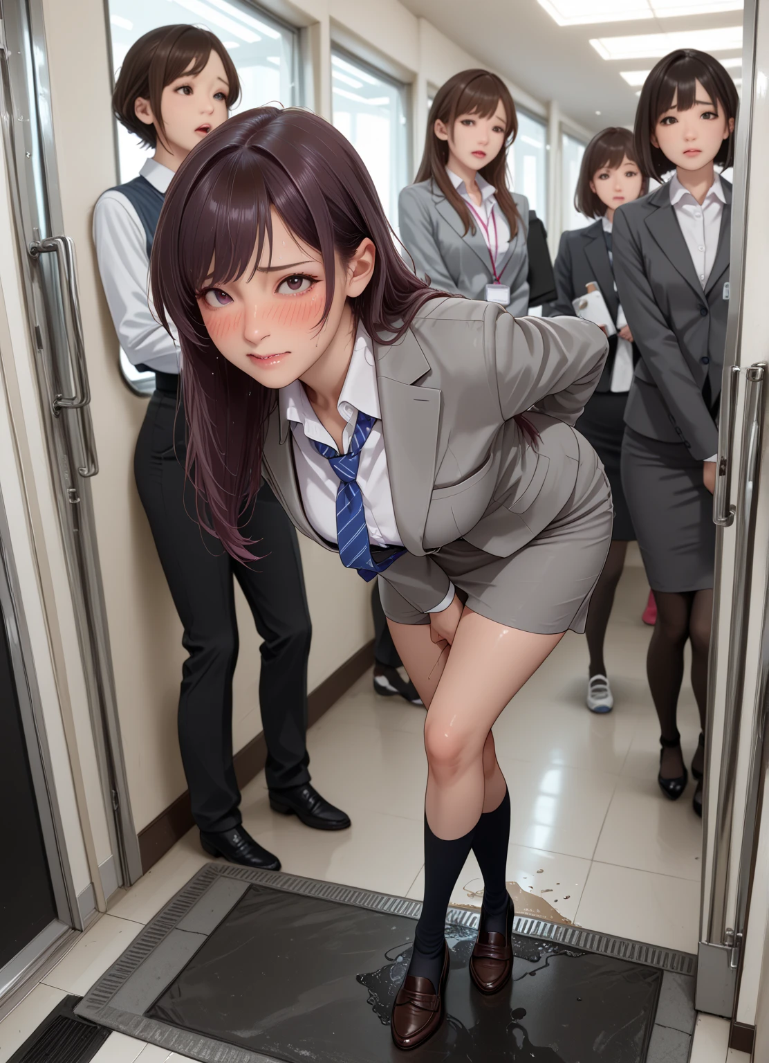 (((masterpiece, Highest quality, High resolution, 超High resolution, Perfect Pixel, Depth of written boundary, 4K, RTTX 10.0))), Beautiful Anime Woman, Beautiful art style, Anime characters, ((Smooth texture, Realistic texture, Anime CG Style)), Perfect and accurate finger count、Exact number of legs、(Exact number of arms:1.0, Exact number of hands:1.0), (Perfect hands, Perfect Anatomy), Cinematic, Realistic, Extremely detailed CG, Daytime lighting, Perfect lighting, Best Shadow, The best natural light, whole body, Perfect body, バランスのとれたPerfect body, Perfectly balanced style, Soft body, Slender body, ((bangs, Reddish brown hair, Long Hair, ponytail)), ((The back view of a cute adult woman walking:1.8)), (Sexy and cute pink underwear:1.3), (Stylish shiny pink satin full back panties, Side-tie full back pink panties, Pink panties with lace trim:1.3), (Pink micro lace satin bra:1.3), (Knee-high socks:1.3):1.5), (Embarrassed expression:1.5), blush, (School corridor, Corridor with windows, Long corridor, In the background, there are many male students walking., The boys are paying attention to the girls:1.7), naked, In underwear, Only bra, panties and knee socks, School shoes, Angle from the rear, A close-up angle of a butt in pink panties