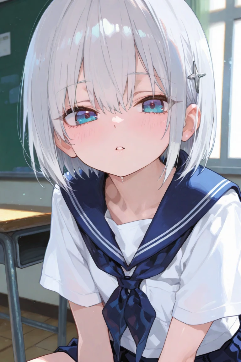 white hair, blue eyes, human girl, wearing a school uniform and socks, kneeling on the table in the classroom, breathing