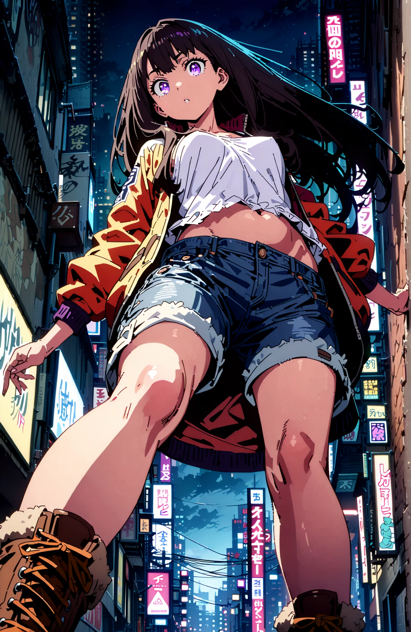 Takiuchikami, check it out, solo,long hair, bungs, black hair with a young pattern, purple eyes,Medium breast,close your mouth,riders jacket jacket,tank top for feet,Underboob,belly button stick,denim micro shorts,Bare legs,boots,I have my hands in my jacket pockets,Nōn,night,standing,angles from below,full bodyがillustrationsに入るように,break outdoors,City,
break looking at viewer,full body,
break (masterpiece:1.2), Best Quality, high resolution, Unity 8k 壁紙, (illustrations:0.8), (beautiful detailed eyes:1.6), very detailed face, so that it fits into the illustration, Extremely Detailed CG, (perfect hand, perfect anatomy),
