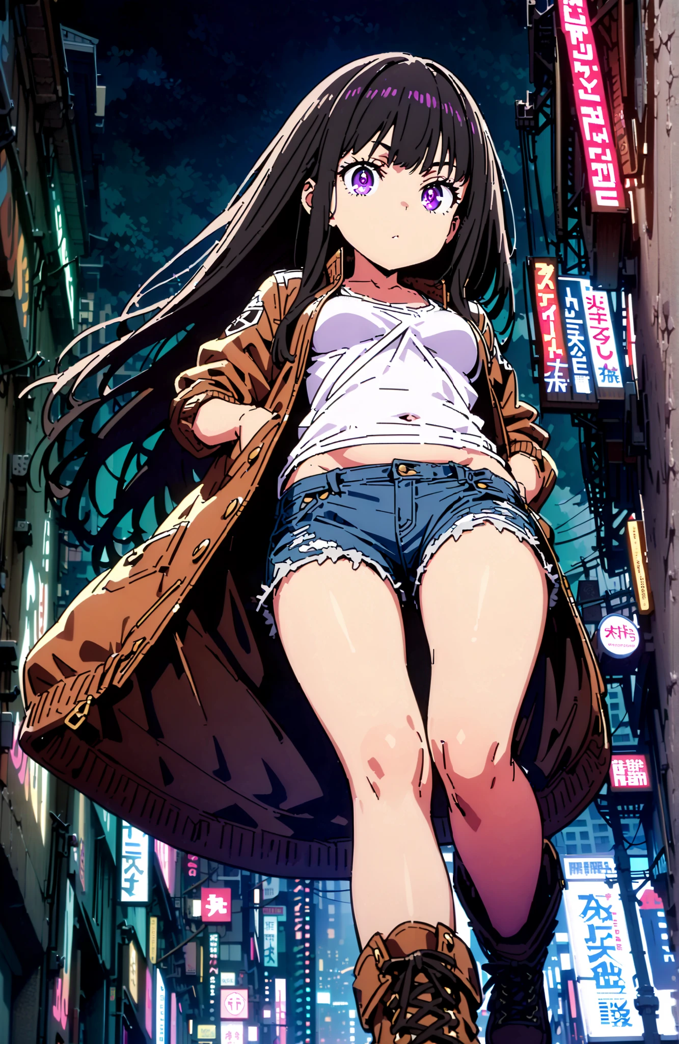 Takiuchikami, check it out, solo,long hair, bungs, black hair with a young pattern, purple eyes,Medium breast,close your mouth,riders jacket jacket,tank top for feet,Underboob,belly button stick,denim micro shorts,Bare legs,boots,I have my hands in my jacket pockets,Nōn,night,standing,angles from below,full bodyがillustrationsに入るように,break outdoors,City,
break looking at viewer,full body,
break (masterpiece:1.2), Best Quality, high resolution, Unity 8k 壁紙, (illustrations:0.8), (beautiful detailed eyes:1.6), very detailed face, so that it fits into the illustration, Extremely Detailed CG, (perfect hand, perfect anatomy),