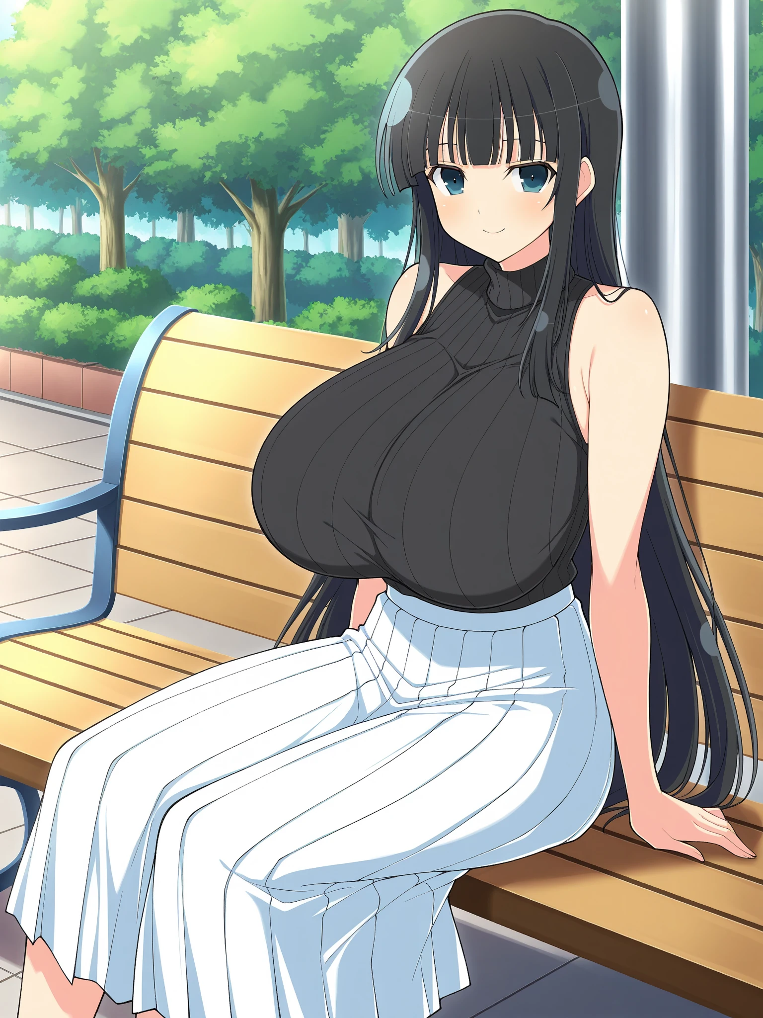 A Beautifully Too Huge Breasted Cute Young Girl, (18 years-old), who is ((Extremely Embarrassed)), Very Embarrassed and now scared because of her Absurdly Overinflated Overinflated Ridiculously Huge Breasts, and her Unreasonably Gigantic Thick Thighs, big cleavage, (Breasts Overgrown to Unrealistically Huge Proportions), (Ridiculously Enormously Oversized Breasts), Long Black Hair, Beautiful Blue Eyes, she is growing too big for her clothing, Holding her Breasts as they Grow even more Gigantic, (Her Breasts are now triple the size of FF),