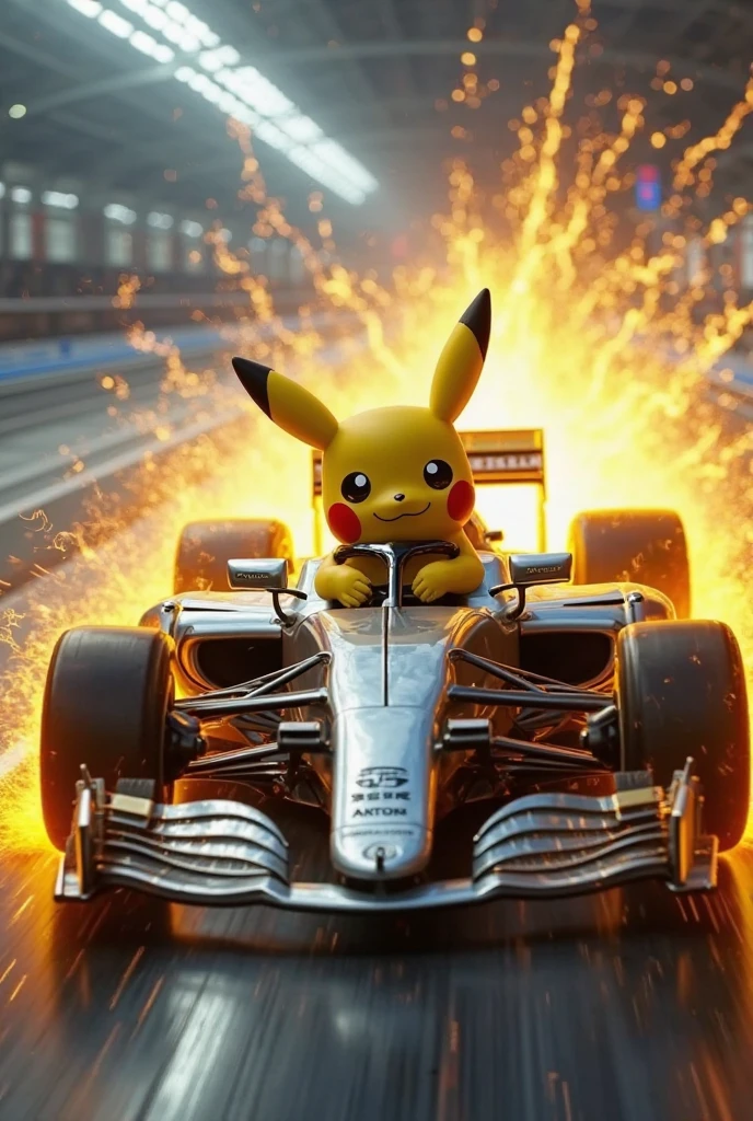 F1 Race 、metallic body、yellow flame、pikachu driver, Fast driving、force、(highest resolution、 clear_ images)Best Quality, yellow thunder effect