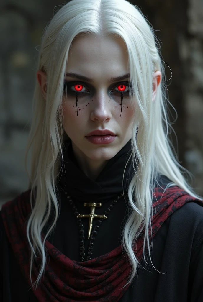A reddish-hooded creature with twisted fingers, with thin, white hair combed back. The thin cheekbones are hollow and deep, are marked by deep shadows and the lips are chapped and dry. the eyes are red, distended veins spreading like a cobweb across the temples and face.