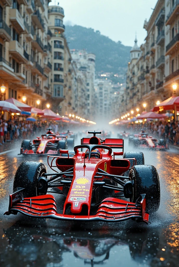 F1 race on streets of Monaco as it rains