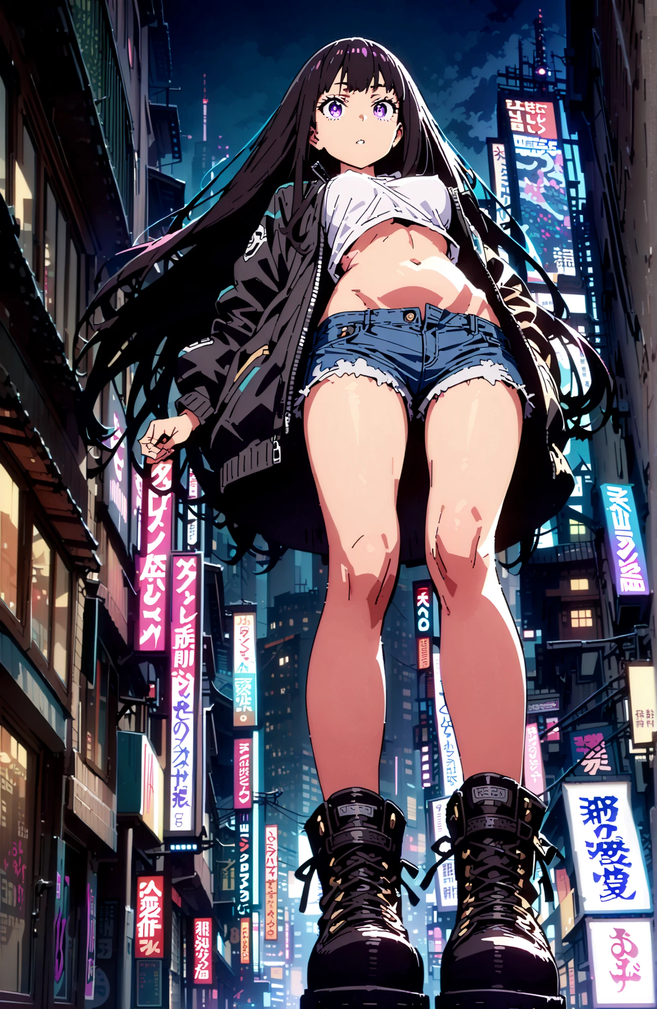 Takiuchikami, check it out, solo,long hair, bungs, black hair with a young pattern, purple eyes,Medium breast,close your mouth,riders jacket jacket,tank top for feet,Underboob,belly button stick,denim micro shorts,Bare legs,boots,I have my hands in my jacket pockets,Nōn,night,standing,angles from below,full bodyがillustrationsに入るように,break outdoors,City,
break looking at viewer,full body,
break (masterpiece:1.2), Best Quality, high resolution, Unity 8k 壁紙, (illustrations:0.8), (beautiful detailed eyes:1.6), very detailed face,  so that it fits into the illustration, Extremely Detailed CG, (perfect hand, perfect anatomy),
