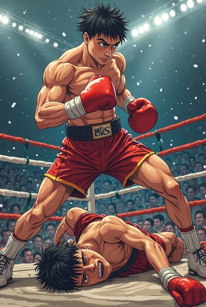 A boxing match, professional fighters, intense action, powerful punches, adrenaline-filled atmosphere, sweat and blood, intense focus, dramatic poses, dynamic movements, boxing ring, crowd cheering, boxing gloves, knockout punches, determination and resilience, boxing championship, championship belt, corner man giving instructions, referee maintaining order, fast-paced rounds, victory celebration, high-energy sport, competitive spirit, boxing techniques, precision footwork, defensive maneuvers, knockout blow, explosive power, boxing legends, boxing history, classic boxing match, iconic moments, black-and-white photography, dramatic lighting, gritty atmosphere, intense emotions, roaring crowd, glory and defeat, physical strength, mental toughness, sportsmanship, sportsmanship, strategy and tactics, professional athletes, peak physical condition, sports rivalry, dedication and discipline, explosive energy, flurry of punches. (best quality, highres, ultra-detailed), (realistic,photorealistic), vibrant colors, dynamic composition, dramatic shadows and highlights, energetic brushstrokes, captivating artwork.