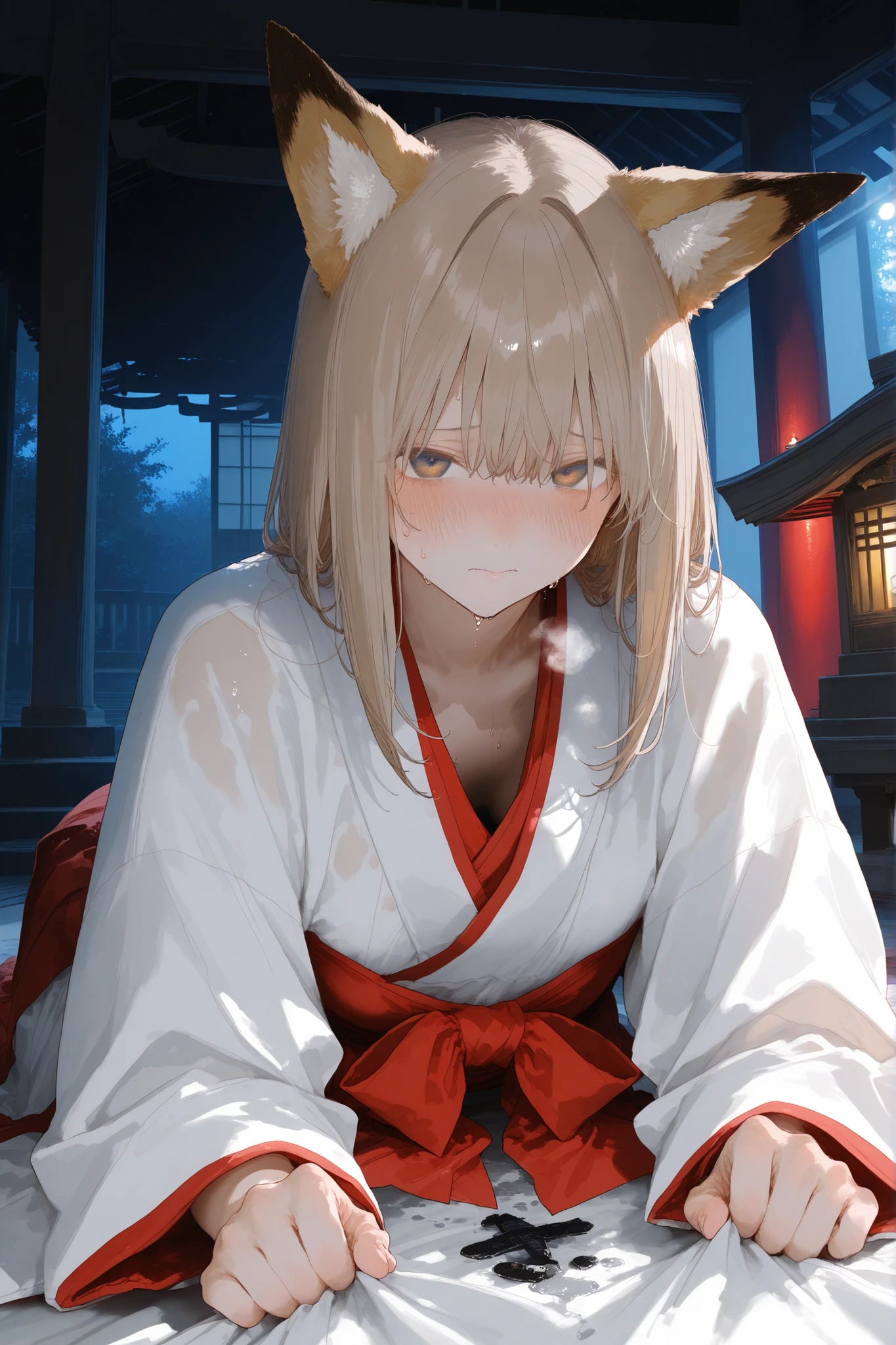 One girl , detailed hair ,wet,(( beautiful detailed eyes)), game cg, break,(artist: kazutake _hazano ),artist: Fujiyama ,artist: Syllabi , break,(masterpiece), ( top quality ), ( ultra detail ),( detailed lighting ), very aesthetic , up to date, BEAUTY ILLUSTRATION , super detailed skins, (masterpiece), ( top quality ), ( ultra detail ), very aesthetic lighting,up to date ,hi resolution, absurd_resolution, pubic skin,2023,digital media (artwork), realistic lighting , 16k, 8k,highresolution, official_art, photoshop_( skindent) , looking at viewer, sweat , embarrassed, steam, ,looking at viewer ,shy ,(((shrine maiden))) , dark room ,in bedroom ,looking at viewer ,Japanese style room ,((shrine maiden clothes)) , ,((no light )), , light brown hair ,((long fox ears))
