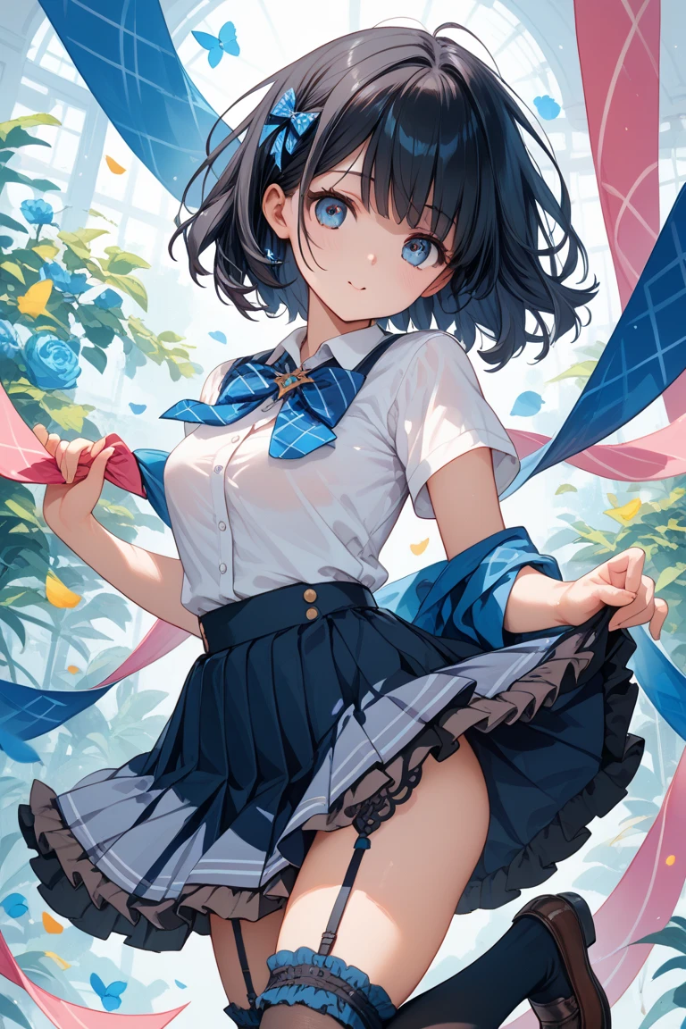 8K, Attractive, intensely detailed, 20 Year Old Girl, sexy and attractive woman with dark, black hair. She has beautiful sky-blue eyes with a heart inside. She is wearing a white shirt and a blue skirt, accentuating her waist and giving us a view of her adorable panties. From under the skirt we can see sexy black, lace panties with bow. This high-quality, high-definition image will give you a shocking visual experience.