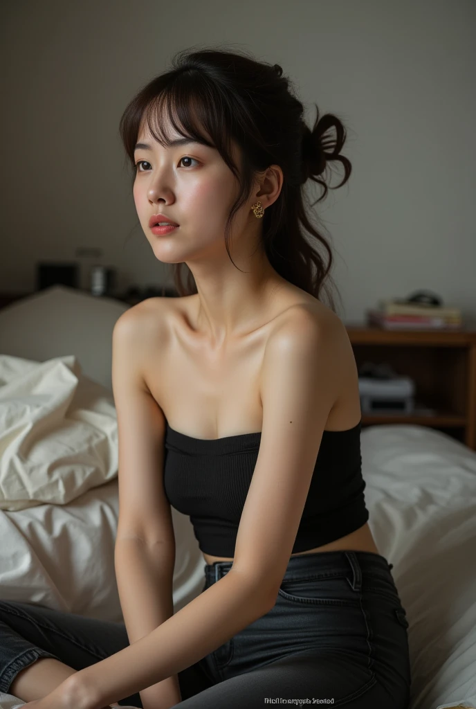 A beautiful 30 year old woman naked, ginger curly hair, strong body, high detail sexy plunging gothic dress, round face, sexy expression, 4k, photography, masterpiece, best quality, studio lighting, small breasts, delicate features, sweaty