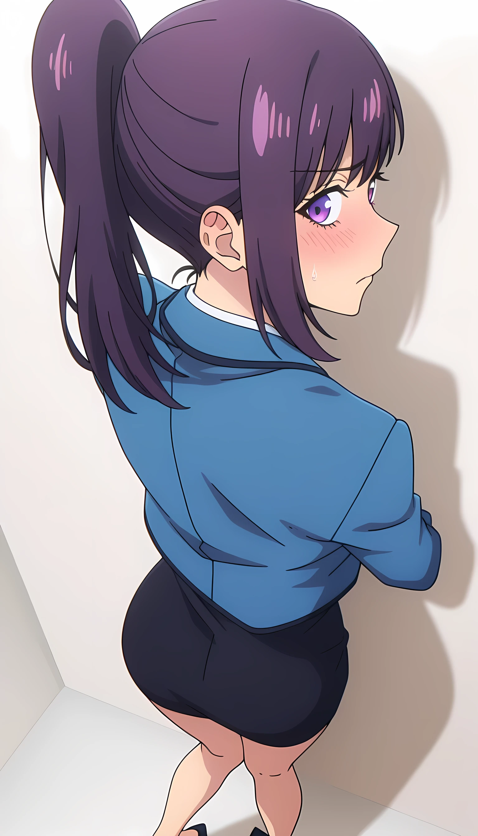 anime screencap, masterpiece, best quality,
1girl, solo, disgusted,
purple hair, purple eyes, high ponytail,
JinahSchool, blazer, blue jacket, black skirt, looking at the viewer, looking back, no panties, pencil skirt, thin waist, knees together feet apart,
simple background, against the wall, (POV), white background, heels, high angle, close up, blush, from behind
