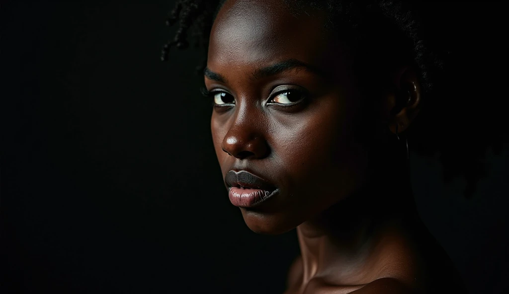 The image must show a courageous African person. The person's expression should reflect determination and courage despite uncertainty. Include visual elements that represent risk. Use a contrasting color palette that evokes both danger and hope.